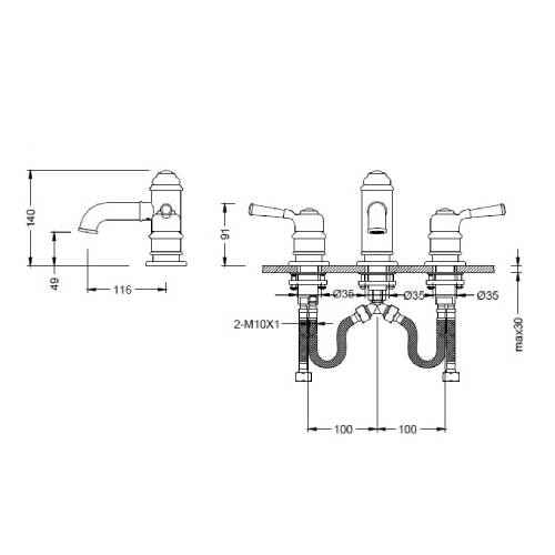Bocchi Burlington Üç Delikli Lavabo Bataryası Antik Siyah - 2